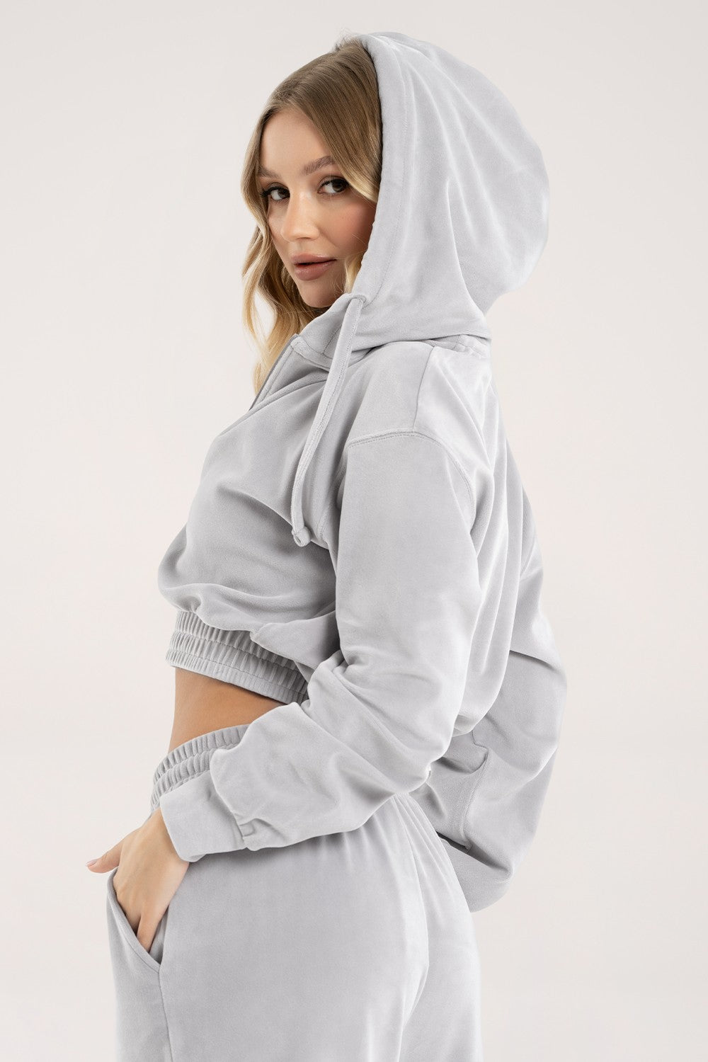 Hoodie na zip velour light grey