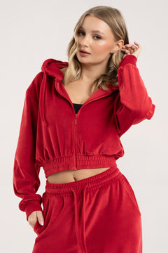 Hoodica na zatvarač velour red